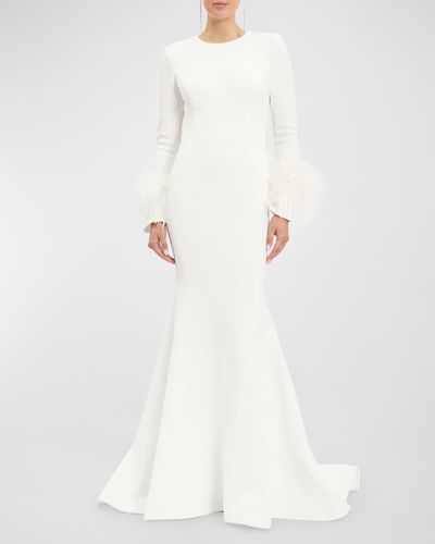 Rebecca Vallance Plume Feather-Trim Open-Back Crepe Gown - White