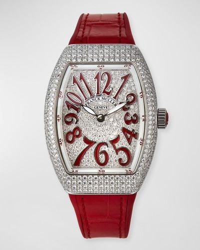 Franck Muller Lady Vanguard Diamond Watch W/ Alligator Strap, Red