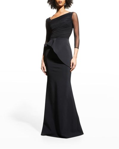 La Petite Robe Di Chiara Boni Rippy Asymmetrical 3/4-sleeve Illusion Gown - Black