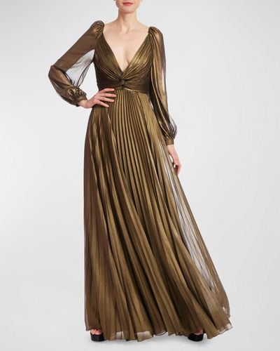 Badgley Mischka Pleated Metallic Twist-Front A-Line Gown - Brown