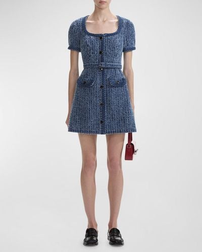 Self-Portrait Textured Denim Belted A-Line Mini Dress - Blue
