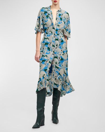 Equipment Nicolette Swirl-print Flutter-sleeve Midi Dress - Blue