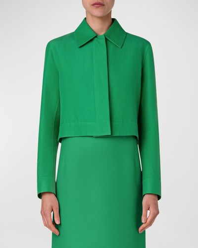 Akris Cotton-Silk Double-Face Crop Collared Jacket - Green