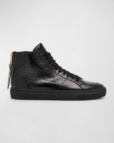 Moschino Leather Zip High-Top Sneakers - Black