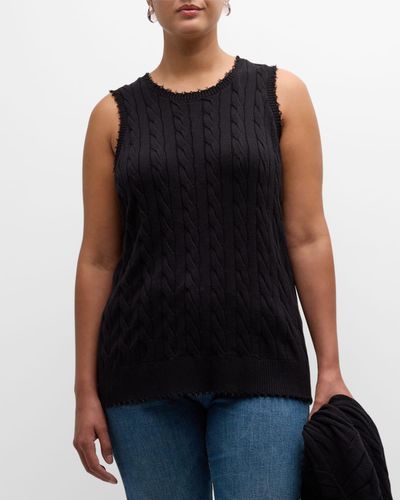 Minnie Rose Plus Size Frayed Cable-Knit Tank - Black