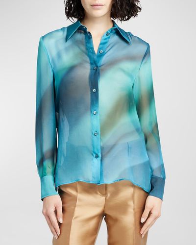 Alberta Ferretti Printed Button Up Silk Blouse - Blue
