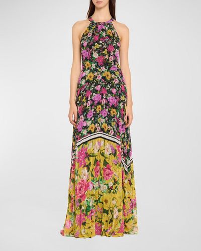 Teri Jon Pleated Floral-Print Halter Gown - Metallic