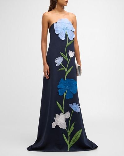 Lela Rose Strapless Floral Embroidered Gown - Blue