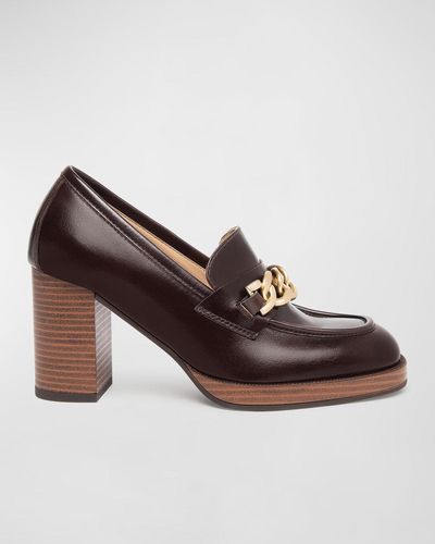 Nero Giardini Leather Chain Heeled Loafers - Brown