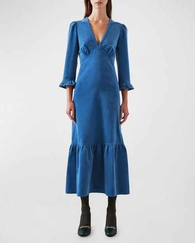 LK Bennett Deborah Ruffle Corduroy Midi Dress - Blue