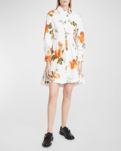 Erdem Floral-Print Pleated-Back Long-Sleeve Mini Shirtdress - White