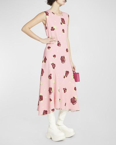 Marni Floral-Print Midi Dress With Asymmetric Hem - Pink