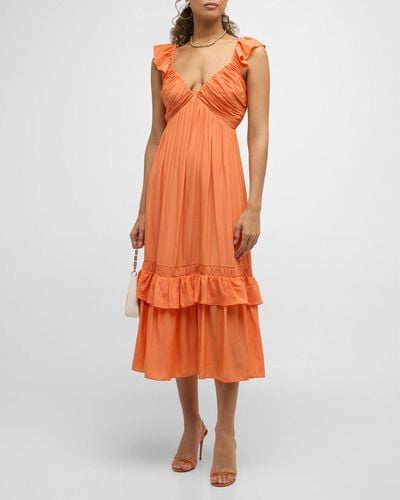 Ramy Brook Nelly V-Neck Pleated Midi Empire Dress - Orange