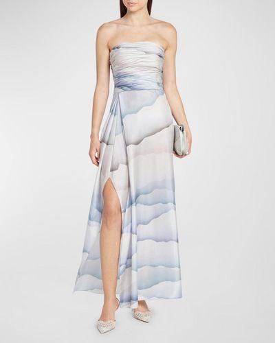Giorgio Armani Printed Strapless Ruched Silk Dress - White