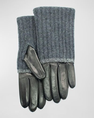 Portolano Nappa Leather & Ribbed Two-Tone Cashmere Gloves - Gray