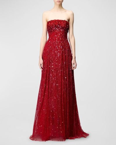 Elie Saab Beaded Tulle Gown With Cape - Red