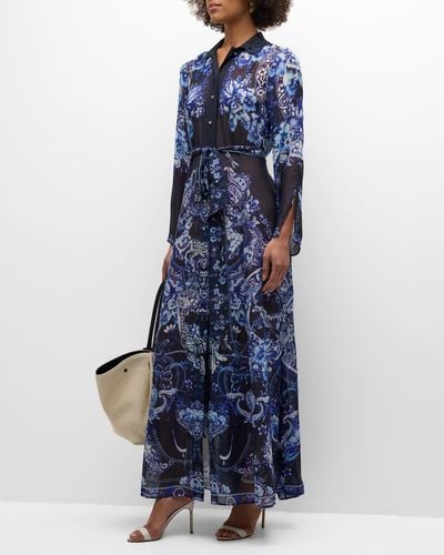 Camilla Chiffon Maxi Dress With Cutwork Lace Collar - Blue