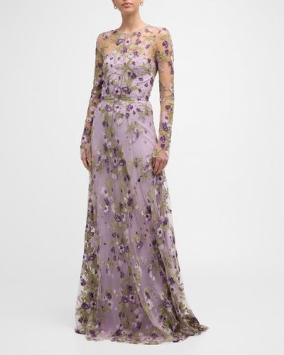 Naeem Khan Embroidered Floral Gown With Sheer Overlay - Purple