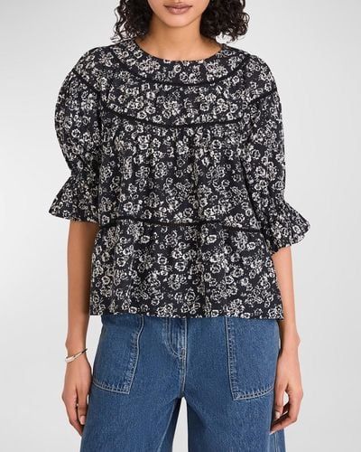 Merlette Sol Floral-print Puff-sleeve Cotton Lawn Top - Black