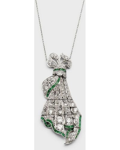 NM Estate Estate Heller Rose Platinum Diamond And Caliber Emerald Flexible Bow Pendant Necklace - White