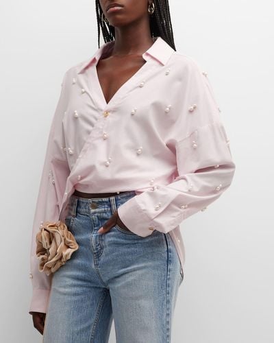 Hellessy Alder Twist-Front Pearl Embroidered Shirt - Pink