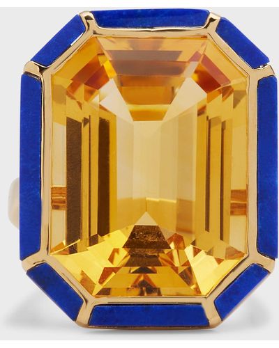 Goshwara 18k Yellow Gold Emerald-cut Ring With Citrine And Lapis Lazuli - Blue