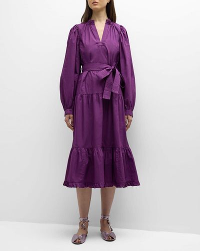 Marie Oliver Mariah Tiered Blouson-Sleeve Cotton Midi Dress - Purple