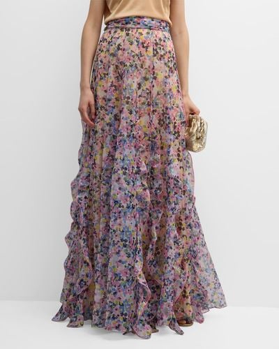 Maison Common Organza Floral Print Maxi Skirt With Ruffle Detail - Purple