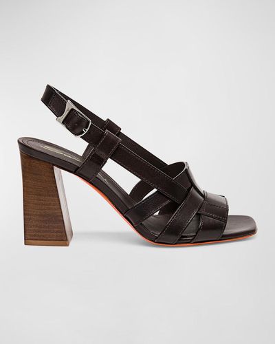 Santoni Venere Leather Block-Heel Mule Sandals - Brown