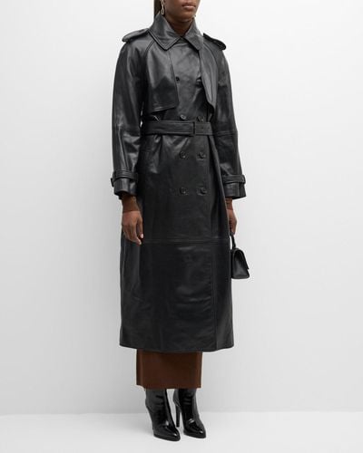 Alberta Ferretti Belted Leather Long Trench Overcoat - Black
