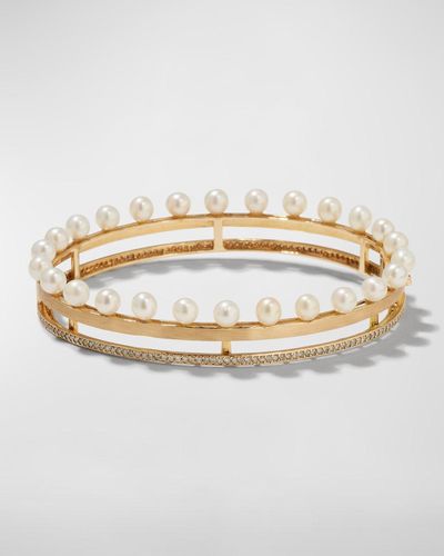 Siena Jewelry 14k Yellow Gold 2-row Pearl Diamond Bangle - Metallic