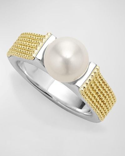Lagos Sterling Silver And 18k Luna Pearl Lux Caviar Sides Ring - Metallic