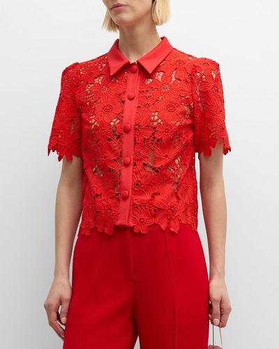 MILLY Addison Roja Cropped Floral Lace Top - Red