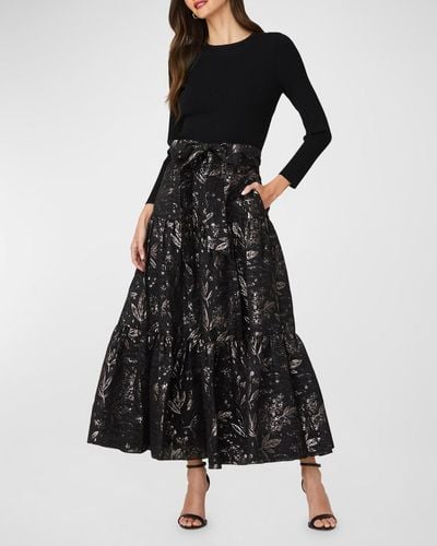 Shoshanna Mannor Tie-Waist Botanical Jacquard Combo Gown - Black