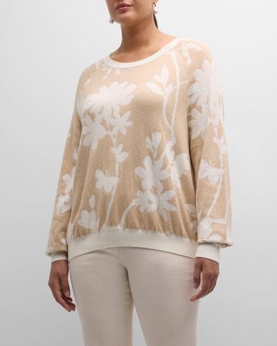 Minnie Rose Plus Size Reversible Floral Intarsia Sweater - Natural