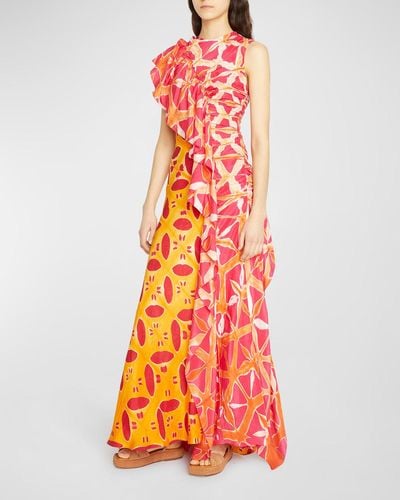 Ulla Johnson Lali One-Shoulder Long Floral Ruffle Silk Dress - Orange