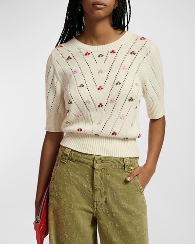 Essentiel Antwerp Fare Embroidered Pointelle-Knit Organic Cotton Short-Sleeve Sweater - Natural