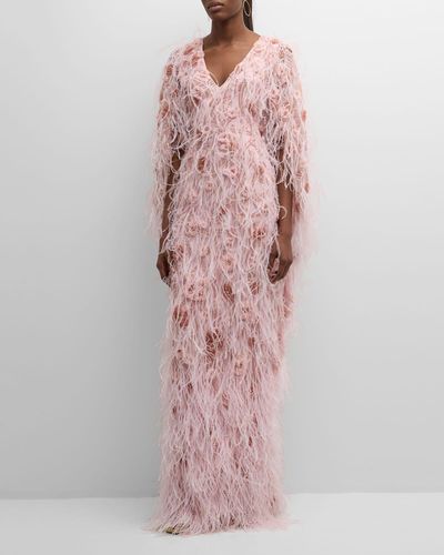 Pamella Roland Flower Applique Feather-Trim Tulle Cape Gown - Pink
