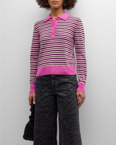 Ganni Stripe Cashmere Polo Sweater - Purple