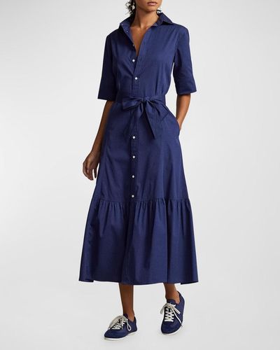 Polo Ralph Lauren Tiered Cotton Midi Shirtdress - Blue