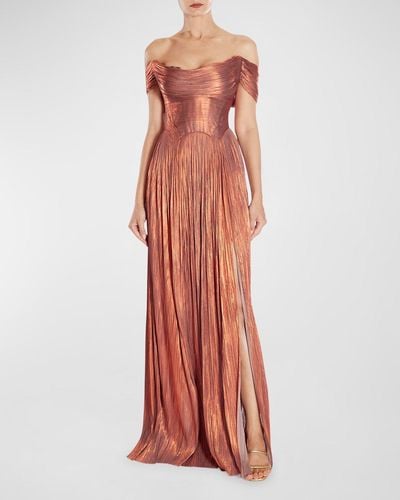 Maria Lucia Hohan Sharon Off-The-Shoulder Metallic Silk Plisse Gown - Multicolor