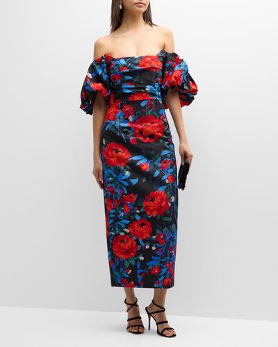 Lela Rose Floral Print Midi Dress With Puff Sleeves - Red