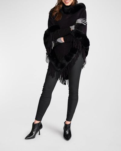 Pia Rossini Angela Knit Poncho W/ Faux Fur-Trim - Black