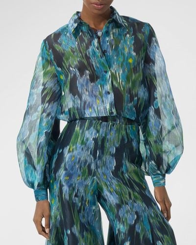 Carolina Herrera Abstract Puff-Sleeve Button Down Silk Top - Blue