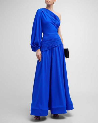 Bronx and Banco Japera Pleated One-shoulder Balloon-sleeve Gown - Blue