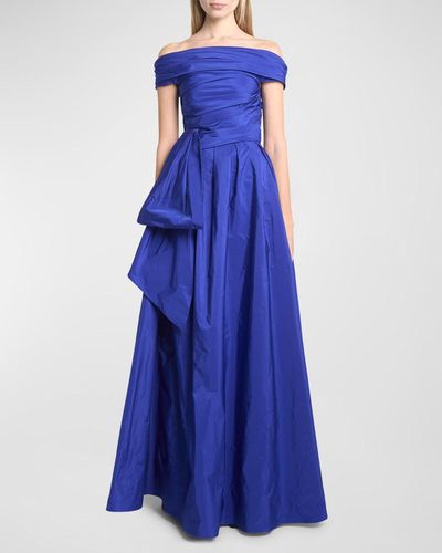 Talbot Runhof Paper Taffeta Off-The-Shoulder Bow Gown - Blue