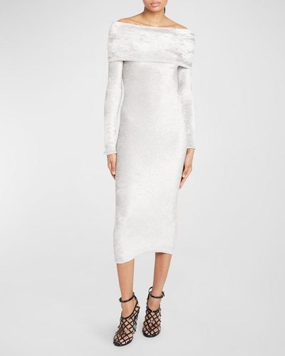 Alaïa Foldover Off-The-Shoulder Fuzzy Knit Midi Dress - White