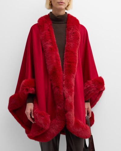 Sofiacashmere Cashmere Cape With Faux Fur Trim - Red