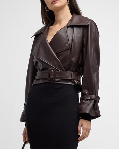 Nour Hammour Belted Leather Short Jacket - Black