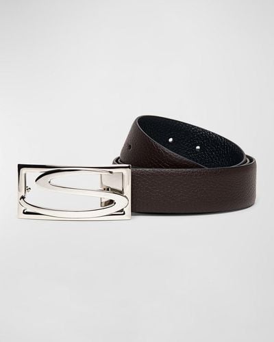 Santoni Rectangle S-Buckle Reversible Leather Belt - Black
